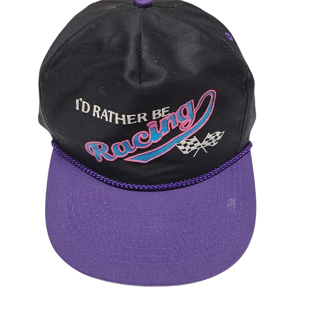 Vintage 90s "I'd Rather Be Racing" Snapback Trucker Hat NASCAR Indy Black